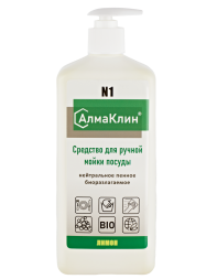АлмаКлин N1, 1л. Нейтральное моющее средство для посуды (лимон) тв.флакон, дозатор-насос